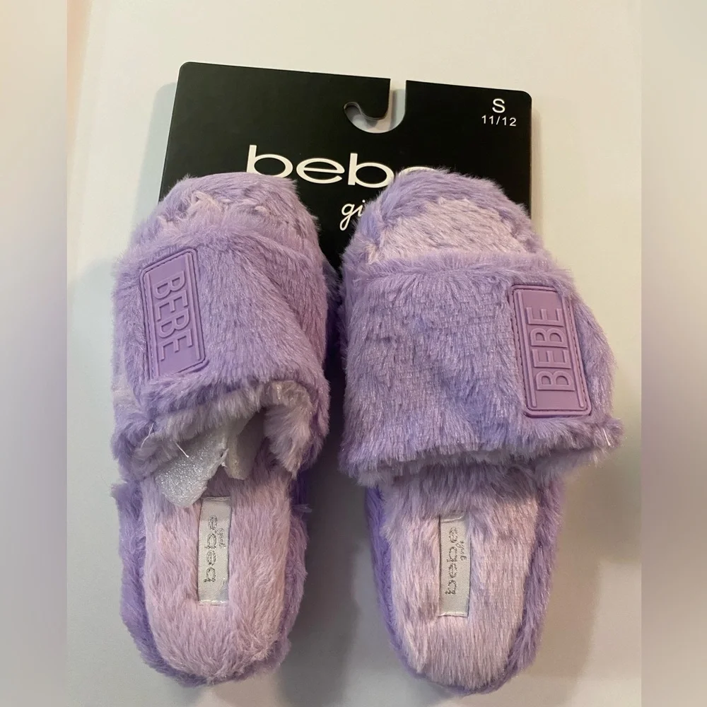 Bebe Girls‎ Purple Faux Fur Slides Slippers Logo Patch Size 11/12 NEW